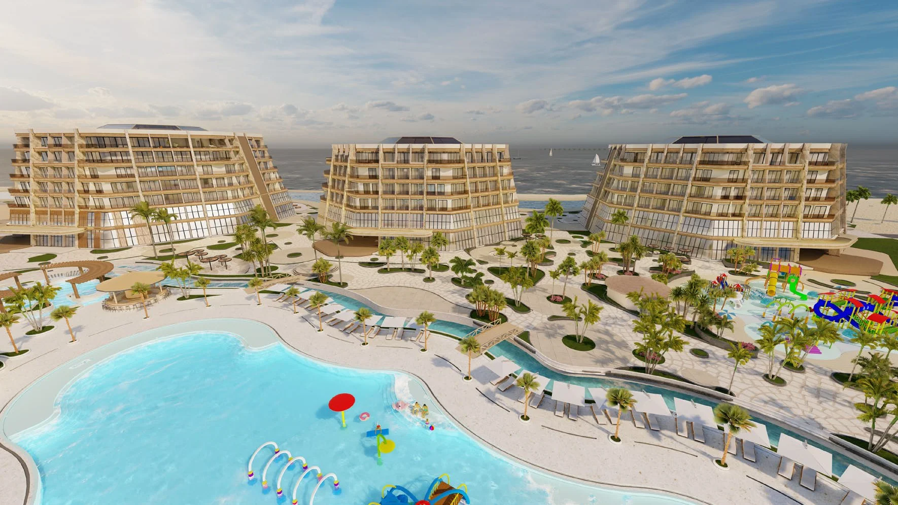Render referencial del proyecto Playa Hermosa Park Resort frente al mar